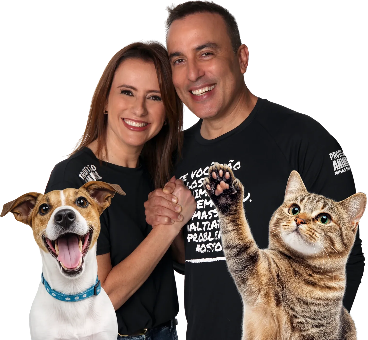 Noraldino Jr. e Kátia Dias de mãos dadas, com um cachorro e um gato ao lado